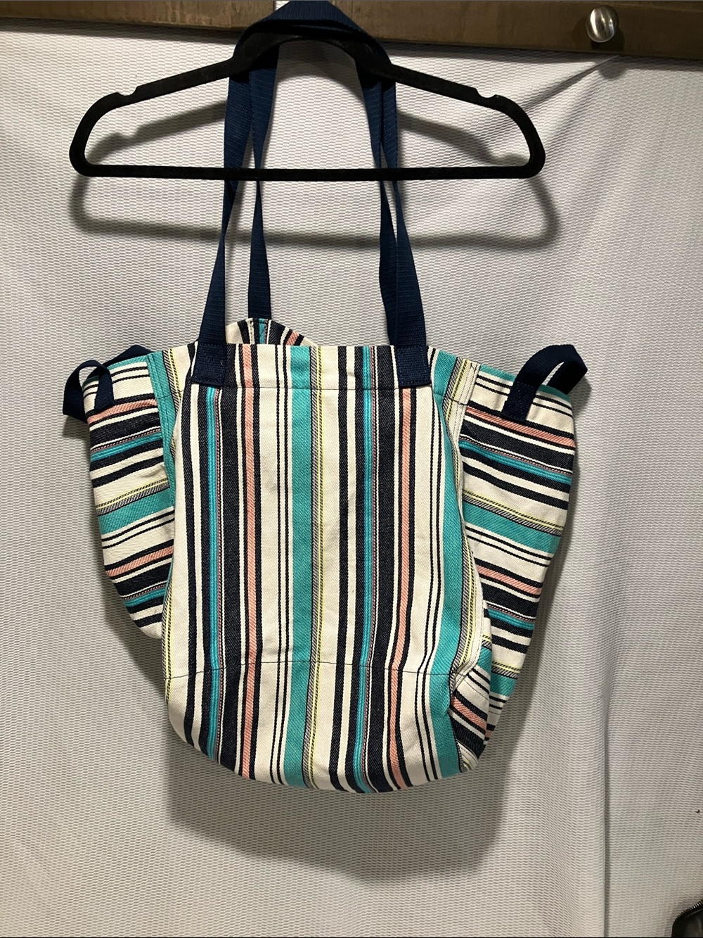 thirty-one Striped Canvas Tote in Turquoise, Navy, Cream & Pink